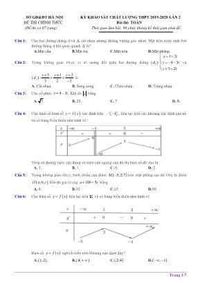 Đề khảo sát chất lượng THPT lần 2 môn Toán Lớp 12 - Năm học 2019-2020 - Sở giáo dục và đào tạo Hà Nội (Có đáp án)